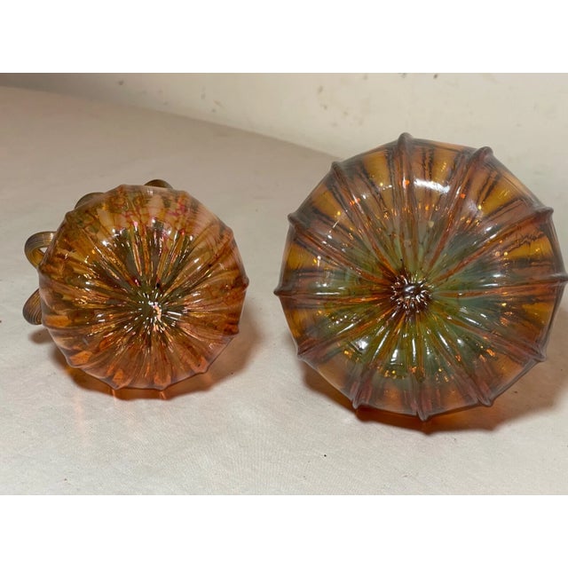 Pumpkin Share Pair of Vintage Hand Blown Studio Glass Iridescent Orange Pumpkin Sculpture For Sale - Image 8 of 11