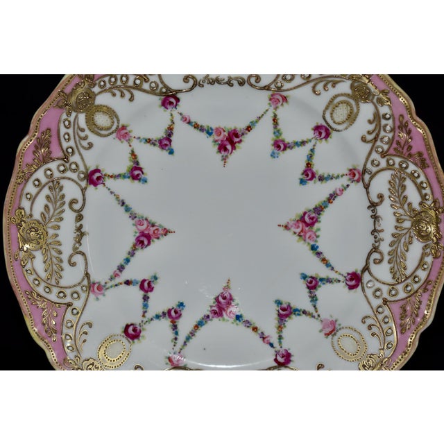 Metal Antique Painted Porcelain Plate Nippon Encrusted Gold Pink Rose Garlands For Sale - Image 7 of 15