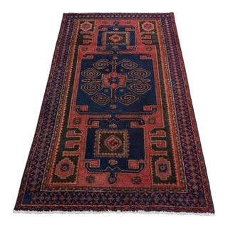 Mid-Century Hand Knotted Wool Rug - Navy Madder Tribal Geometric For Sale
