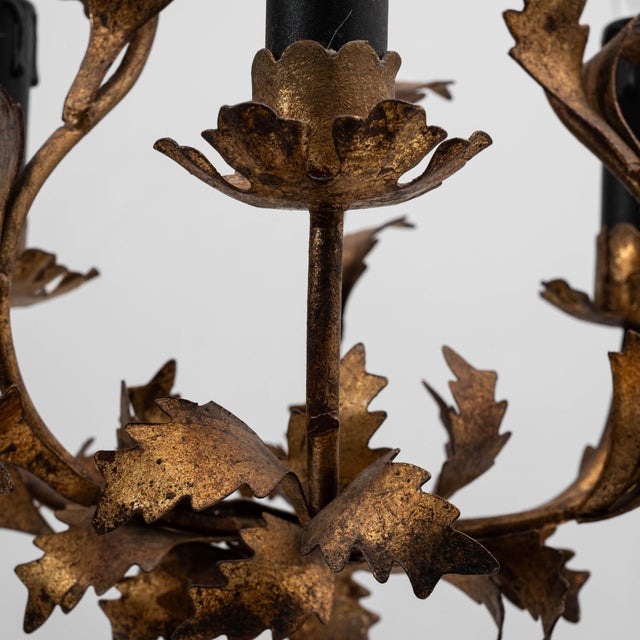 Metal 20th Century Italian Gilt Metal Tole Chandelier with Leaf Motif For Sale - Image 7 of 18
