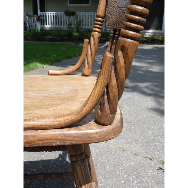 Vintage Pair Solid Oak Press Back & Spindle Swivel Counter Bar Stools