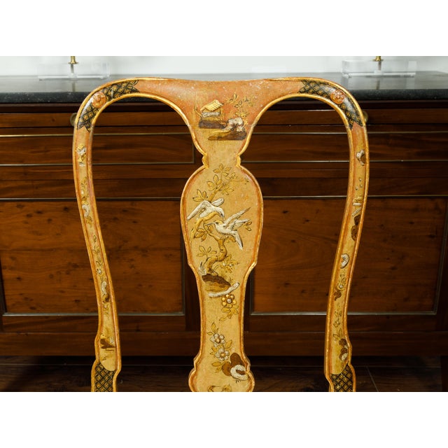 Gold English 1920s Queen Anne Style Side Chair with Painted Birds, Trees and Flowers For Sale - Image 8 of 10