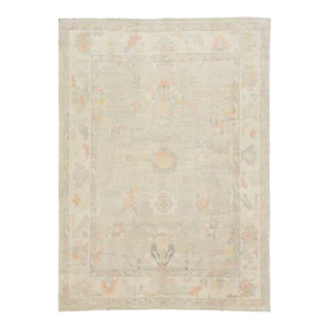 Contemporary Turkish Oushak Floral Wool Rug in Beige