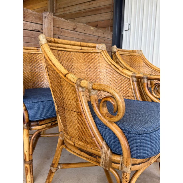 Set of Four Vintage Rustic Rattan Dining Armchairs by Henry Link With Original Cushions For Sale - Image 10 of 12