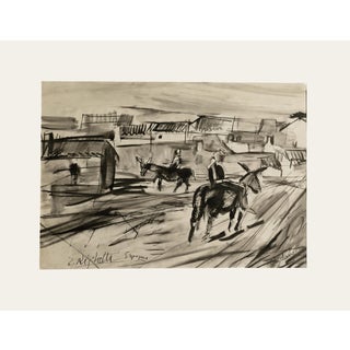 Mid-Century Modern Vintage French Expressionism Spanish Village Painting, Ink on Paper. Signed by Edouard Righetti With Mat For Sale