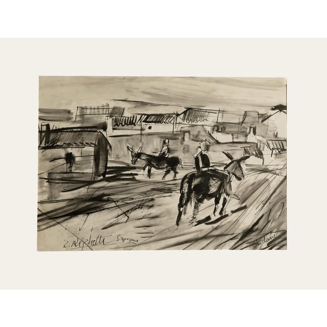 Mid-Century Modern Vintage French Expressionism Spanish Village Painting, Ink on Paper. Signed by Edouard Righetti With Mat For Sale