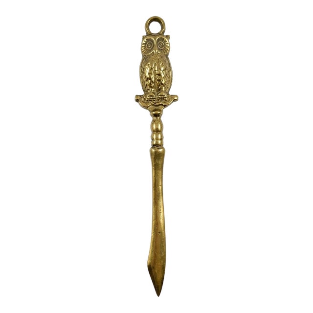 Vintage Mid-Century Cast Brass Wise Owl Figural Letter Opener For Sale