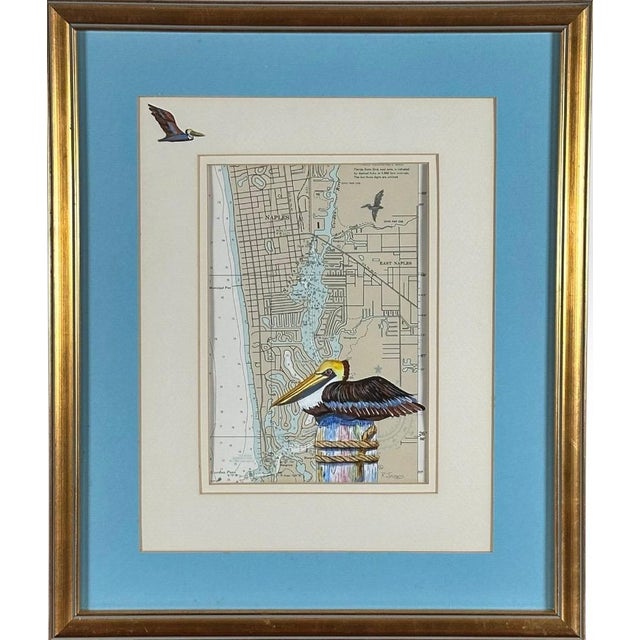 Vintage Ruth James Hand-Painted Pelican and Naples, Florida, Nautical Map Art For Sale
