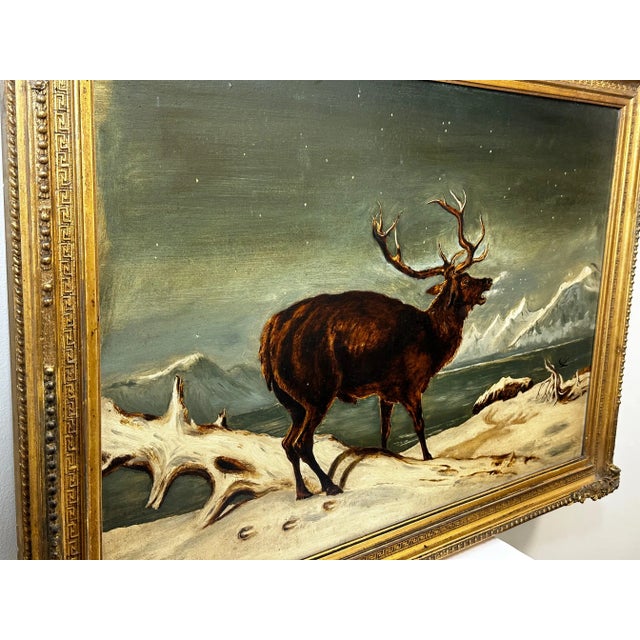 Late 19th Century 19th Century Oil Painting Winter Monarch of Glen Stag Deer Starlit Sky Highlands Loch Fyne For Sale - Image 5 of 12