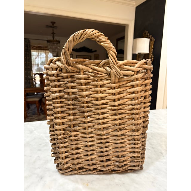 Vintage Kubu Rattan, Rare One Handled, Almost Square Gathering Basket - Rustic European - CottageCore - French Country - Farmhouse For Sale - Image 4 of 8