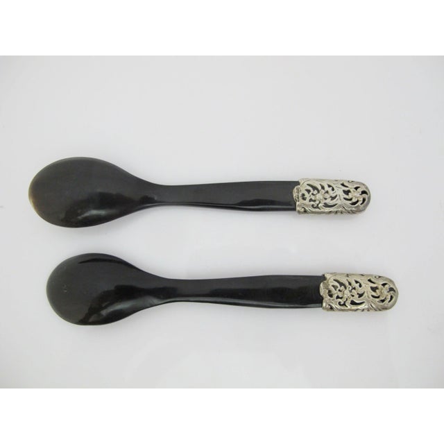 Brown Vintage Natural Horn Sterling Silver Floral Mounted Caviar Serving Spoon Set of 5 For Sale - Image 8 of 13