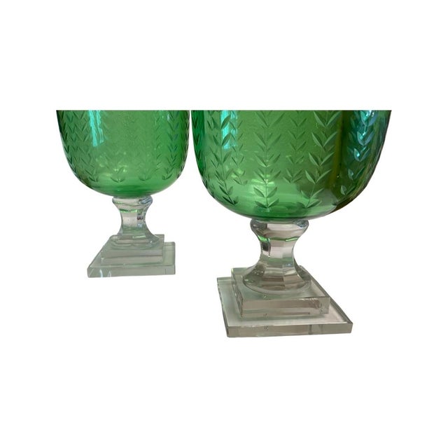 Traditional Pair of Hand Blown Green Glass Hurricanes With Etched Leaf Design For Sale - Image 3 of 5