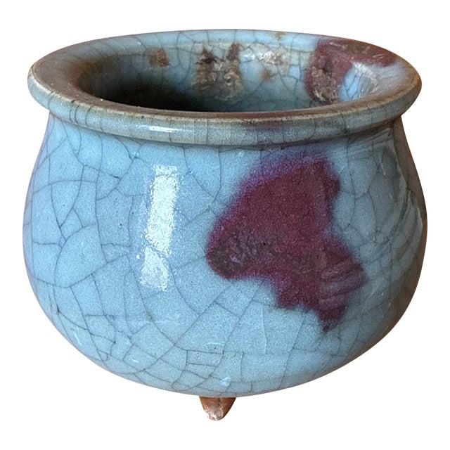 Antique 19th Century Chinese Porcelain Tripod Censer Bowl in Crackle Celadon Glaze For Sale