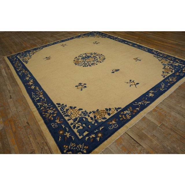 Art Deco 1920s Beige Medallion Floral Antique Chinese Peking Carpet 8'' X 9'5'' Wool Knotted Rug For Sale - Image 3 of 9