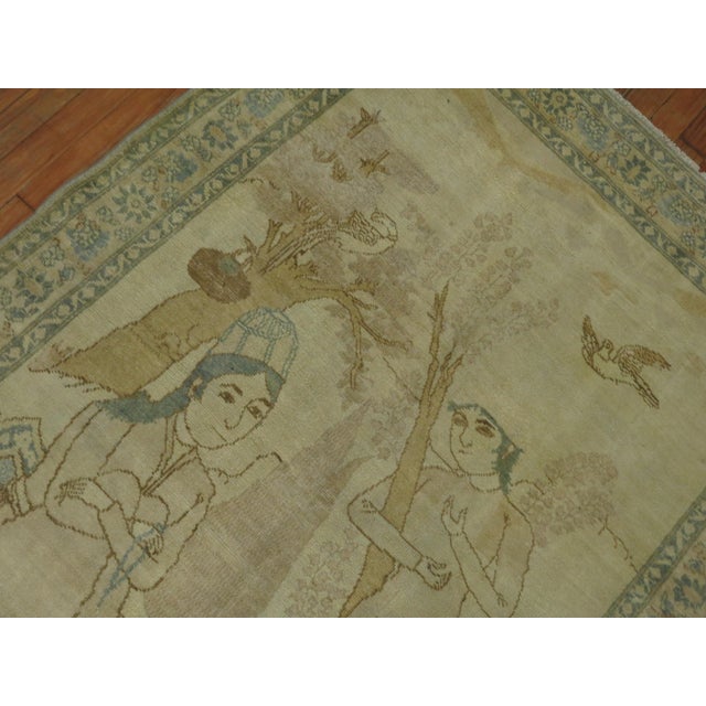 One of a kind mid-20th century highly decorative caliber Pictorial Persian Malayer rug in soft creams, blues, green and...