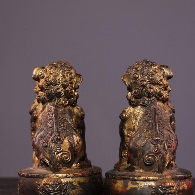 1940s Pair Antique Chinese Gilt Bronze Foo Dog Guardian Lion Statues, Decorative Scholar’s Table Figurines For Sale - Image 5 of 9