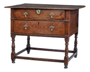 Early 18th Century English 2 Drawer Oak Side Table, 1730s