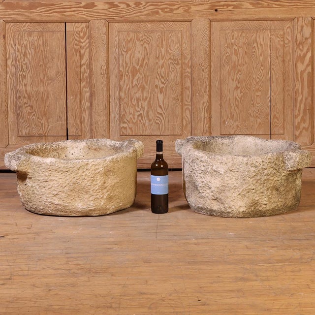 Stone Pair of French Carved Stone Planters With Handles, C. 1910 For Sale - Image 7 of 7