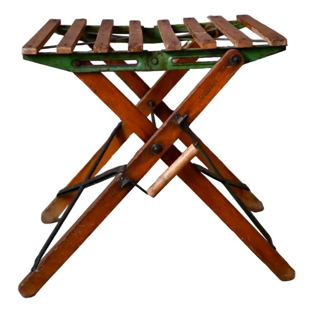 Mid-Century Folding Stool in Wood Slat and Metal from Eureka