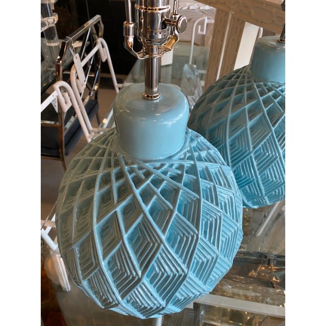 Vintage 1970s Modern Geometric Multi Dimensional Blue Plaster Table Lamps -A Pair For Sale - Image 9 of 12