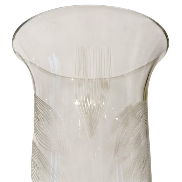 Glass Pair of Blown Glass Wheat Etched Hurricanes For Sale - Image 7 of 14