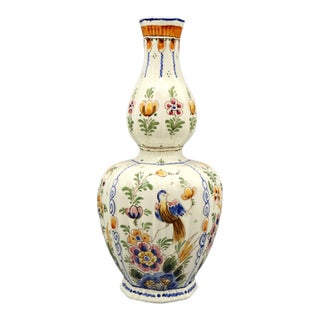 Early Dutch Hand Painted Delft Chinoiserie Polychrome Vase With Birds For Sale