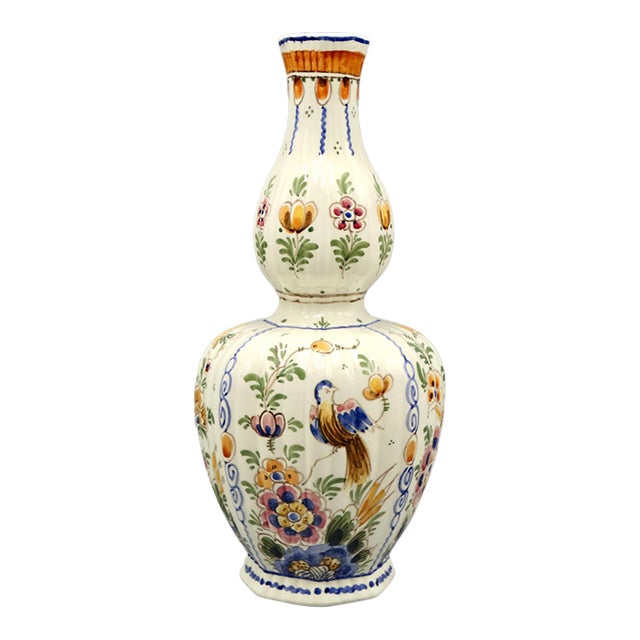 Early Dutch Hand Painted Delft Chinoiserie Polychrome Vase With Birds For Sale