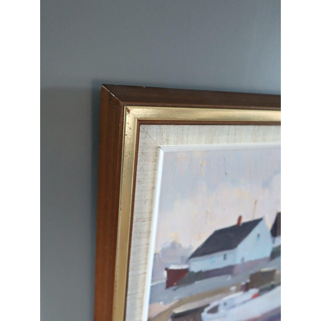 Mid-Century Modern 'Cottages by Quiet Water' Swedish Original Landscape Oil Painting, Framed For Sale - Image 6 of 11