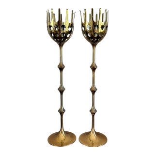 Pair of Signed Bjorn Wiinblad Brass Candlesticks, Danish Modern Design For Sale
