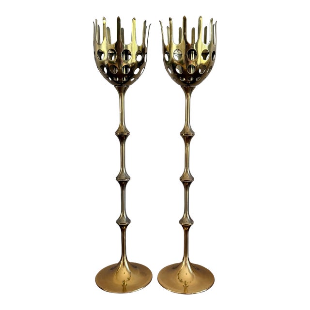 Pair of Signed Bjorn Wiinblad Brass Candlesticks, Danish Modern Design For Sale