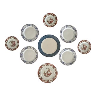 Cobalt Blue and Iron Red Imari Floral Wall Plate Curation- Set of 9 For Sale