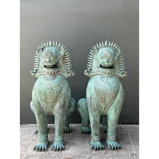 Vintage Verdigris Bronze Temple Lions - A Pair For Sale - Image 17 of 17