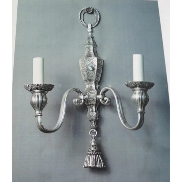 American 1900s Silverplated Bronze, Double-Branch Wall Sconces With Finely Chased Low Relief Details Throughout. Maker Is e.f. Caldwell, New - a Pair For Sale - Image 3 of 7