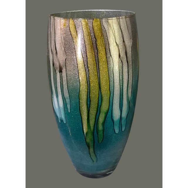 Late 20th Century Modern Tall 14'' Italian Art Glass Alcohol Ink Painted Vase Teal Gold & Silver For Sale - Image 5 of 8
