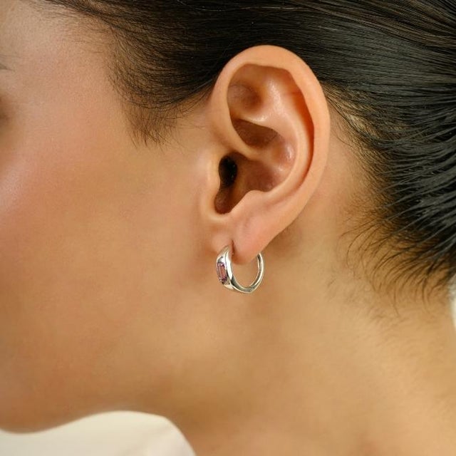 Geometric Emerald-Cut Natural Pink Sapphire Huggie Hoop Earrings 14k White Gold- A Pair For Sale In New York - Image 6 of 11