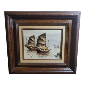 1980s Vintage Nautical Sail Ship Oil on Canvas Signed by Artist, Framed