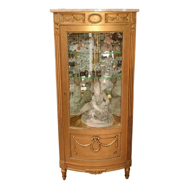 Louis XVI Style Lacquered and Gilded Corner Display Cabinet, 1920s For Sale
