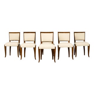 Set of 6 French Art Deco Walnut Dining Chairs in Ivory Ribbed Upholstery, 1930s For Sale