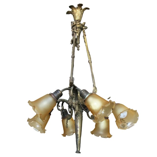 Victorian 1900s Louis XVI Style Scrolling Bronze Belle Époque Six-Light Chandelier W/ Shades For Sale - Image 3 of 15