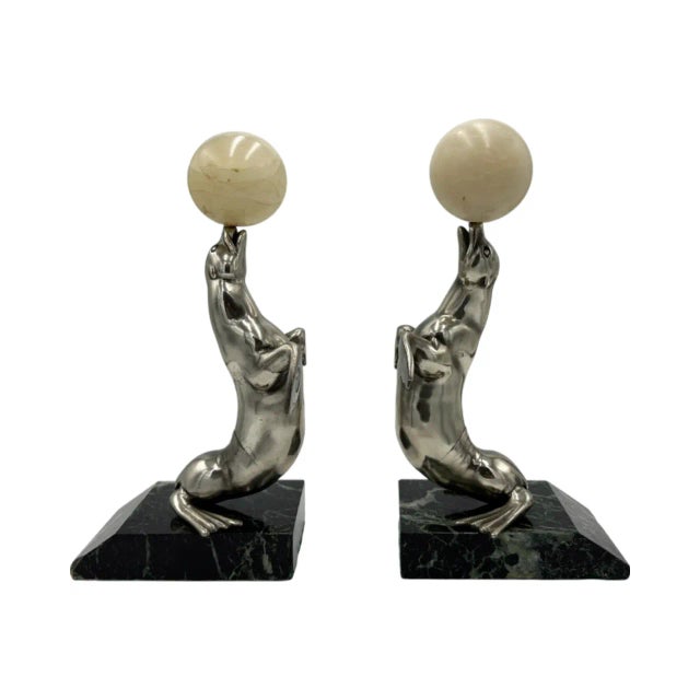 Pair Art Deco Sea Lion Bookends French Silverplate Alabaster For Sale - Image 12 of 12
