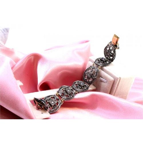 Gold and Silver Bracelet with Central Crowned Diamonds For Sale - Image 3 of 11