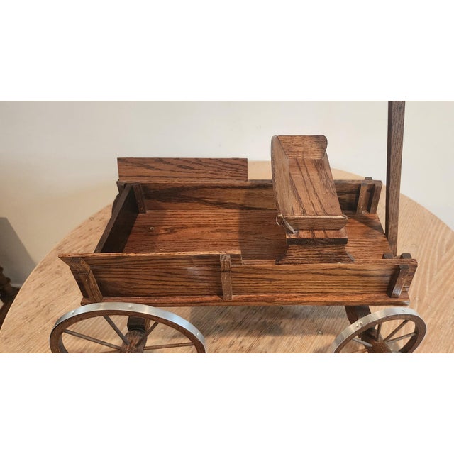 Folk Art Vintage Hand Crafted Decorative Oak Pull Toy Wagon For Sale - Image 3 of 9