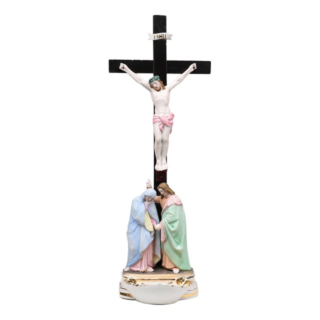 Holy Water Font in Porcelain with Crucifix from Vieux Andenne, Belgium, 20th Century For Sale
