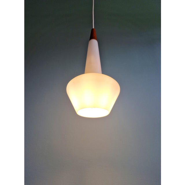 1960s Scandinavian Pendant Light in Satin White Opaline Glass and Teak, 1960s For Sale - Image 5 of 14