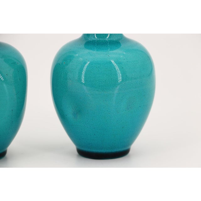 Turquoise 19th Century Burmantofts Pottery Set of Two Turquoise Vases For Sale - Image 8 of 14