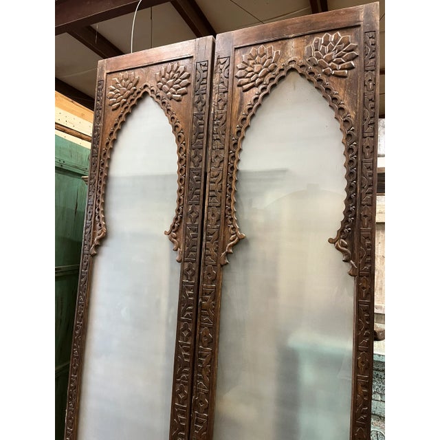 Wood Vintage Arched Carved Wood Doors With Smoked Glass - A Pair, 96x48 For Sale - Image 7 of 10