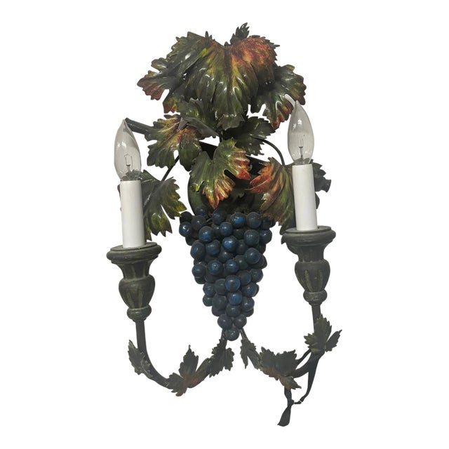 1990s Large Italian Grape-Shaped Iron and Wood Wall Sconces For Sale