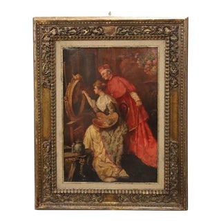 Italian School Artist, Young Woman Painter with Cardinal, Oil Painting on Cardboard, 19th Century, Framed For Sale