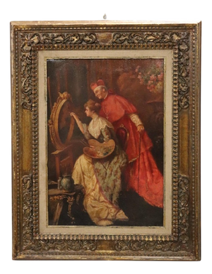 Italian School Artist, Young Woman Painter with Cardinal, Oil Painting on Cardboard, 19th Century, Framed