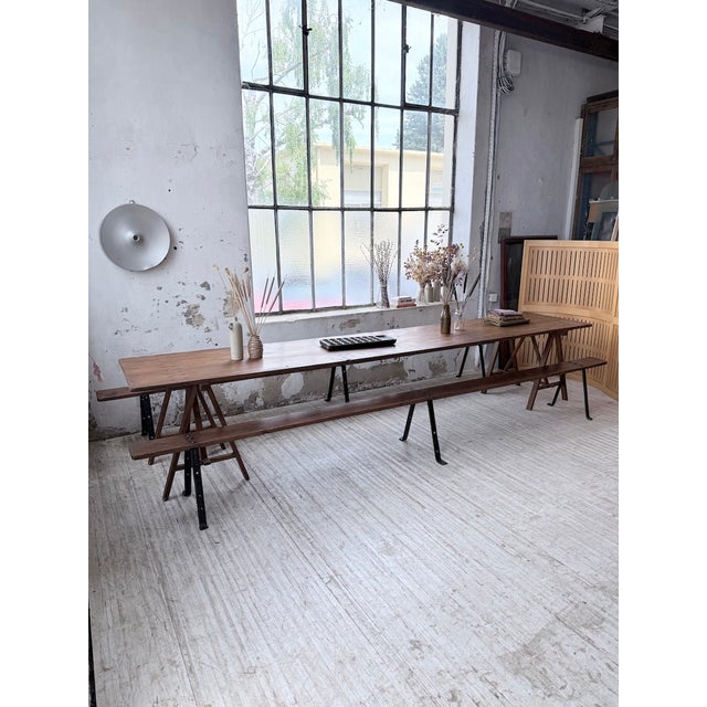 Trestle Farm Table and Benches, 1950s, Set of 3 For Sale - Image 3 of 18
